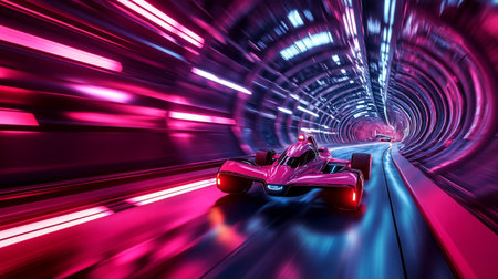 3D rendering of a fast driving car in a tunnel with motion blurの写真素材