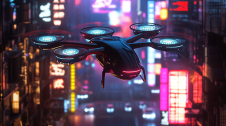 Drone flying in the night city. 3D rendering and illustration.