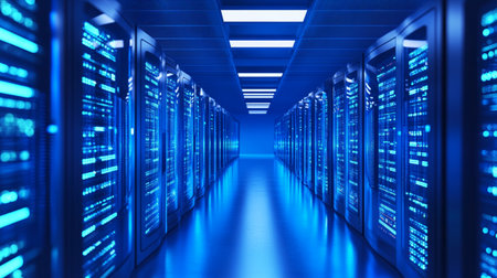 server room data center with rows of server racks. 3d rendering