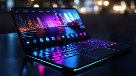 Laptop on the table with night city light bokeh background