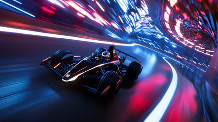 race car with high speed on the road at night with motion blurの写真素材