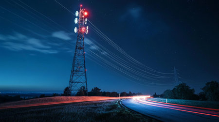 Telecommunication tower with light trails in the field at night. Long exposure