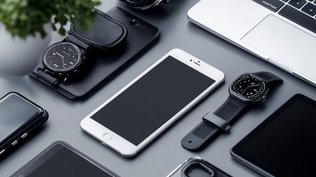 Laptop, smart watch and mobile phone on gray background. Top viewの写真素材