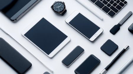 Flat lay of white office desk table with smartphone, notebook, pen and wrist watch. Top view with...