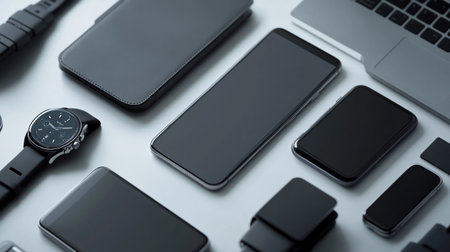 Close up of smart watch and smart phone on white table background.