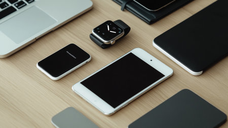 Smartphone, laptop, tablet and smartwatch on the table.の写真素材