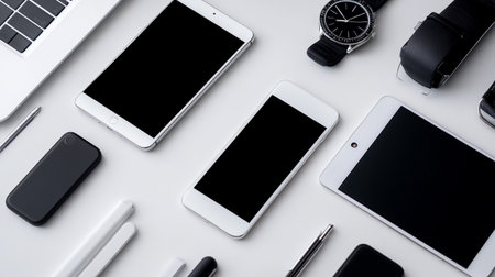 Flat lay of smartphone, notebook, pen and watch on white backgroundの写真素材