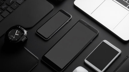 Smartphone, tablet, laptop and smart watch on black table.の写真素材