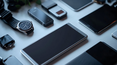 Close up of smart watch, smart phone and mobile phone on table