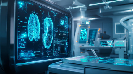 Digital hologram of human lungs on the background of medical equipment. 3d rendering