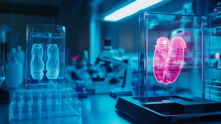 Laboratory glassware with human lungs in science laboratory. 3d rendering