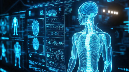 science anatomy scan of human body glowing in blue light 3D rendering
