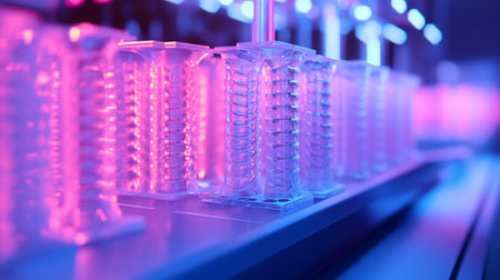 Laboratory glassware with blue and pink light on the background.