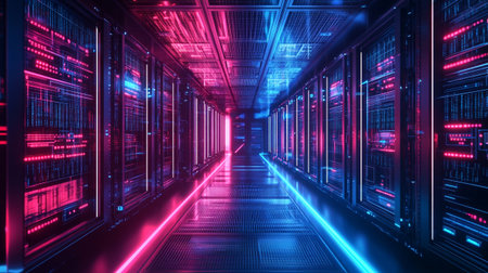 3D rendering of a futuristic server room with neon lights and reflections
