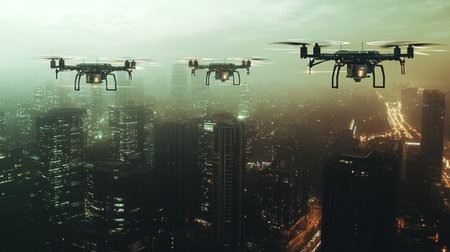 Drone flying over the city. 3d rendering toned imageの写真素材
