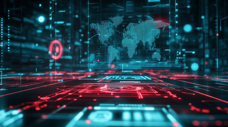 Futuristic interface with binary code and world map. 3d rendering