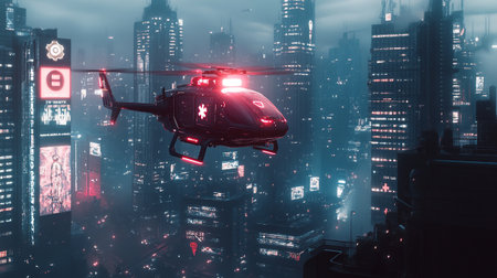 Police helicopter flying over the city at night. 3D Renderingのeditorial素材