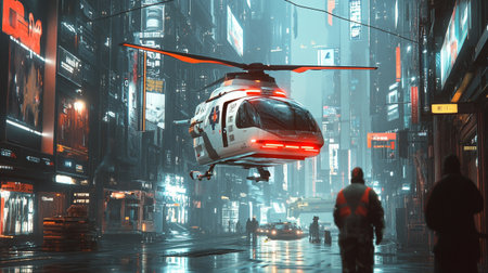 Helicopter in the city at night. 3D rendering.のeditorial素材