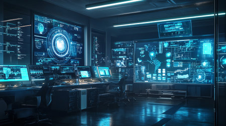 3D rendering of a modern server room with a futuristic user interface