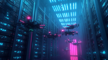 Drone flying over server room data center. 3D rendering.