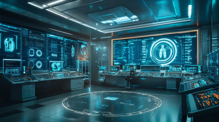 3D rendering of futuristic server room with virtual HUD interface. Future technology concept