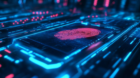 Fingerprint scan on a futuristic circuit board. 3d rendering