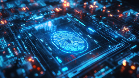 Fingerprint scanning system on digital circuit board. Future technology concept. 3D Renderingの写真素材