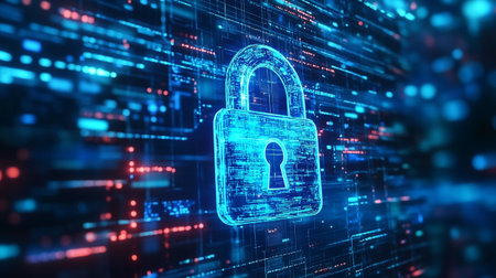 Cyber security concept with glowing padlock on digital background. 3D Rendering