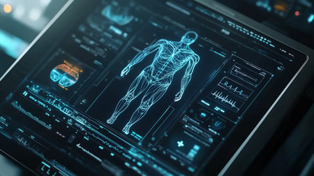 Futuristic virtual graphic touch user interface showing human body and medical informations