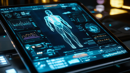 Futuristic virtual graphic touch user interface showing human body anatomy and medical informations