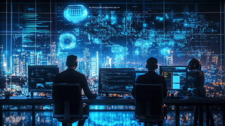 Silhouette of businessman and businesswoman working with digital business hologram