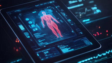 Futuristic interface with human body hologram. 3d rendering