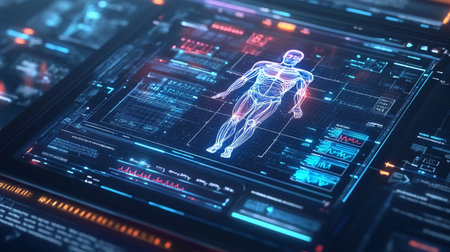 Futuristic virtual graphic touch user interface HUD showing human body 3D renderingの写真素材