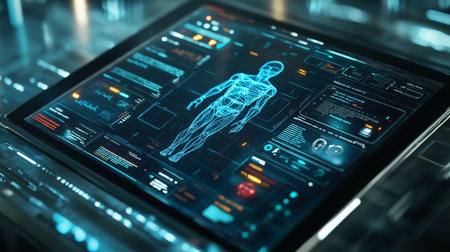Futuristic hologram with human body and medical interface. 3d rendering