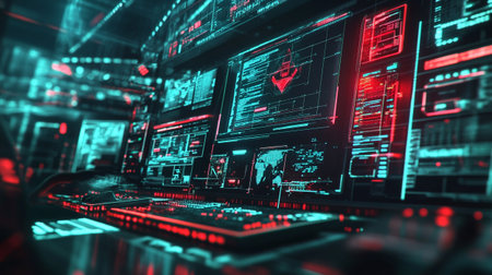 3D rendering of a futuristic server room with a lot of monitors