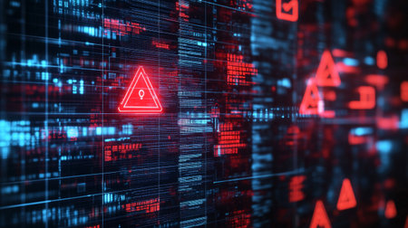 3D rendering of abstract futuristic background with red and blue lights.