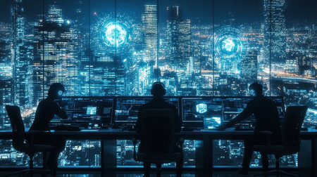 Business people working in modern office with double exposure of night city and network