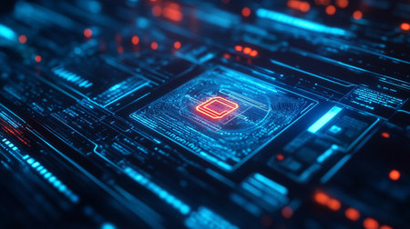Futuristic technological background with glowing symbols. 3D Rendering