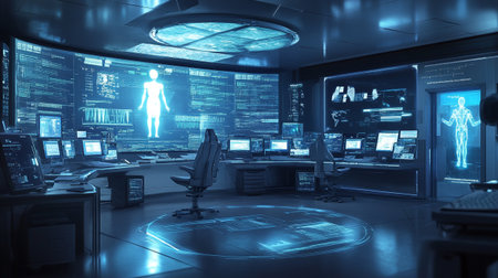3D rendering of a futuristic control room with computers and screens.