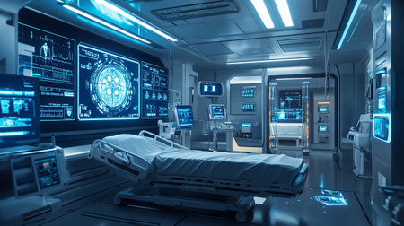 3D rendering of a medical room with a bed and a robot