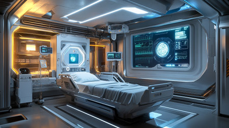 3D rendering of a medical room inside a hospital with a robot