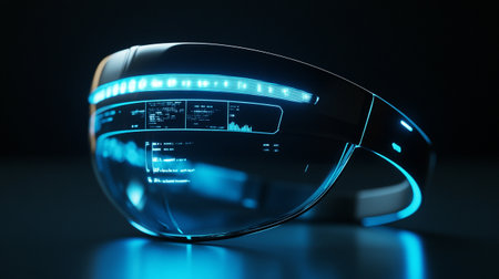 Futuristic virtual reality glasses on black background. 3d rendering