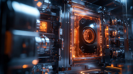 Close-up of a vault door in a server room. 3d rendering