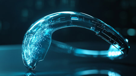 Futuristic blue eye lens on black background. 3d rendering