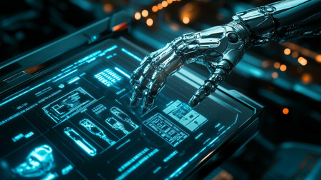 3d rendering robot hand touching hologram screen on futuristic technology background