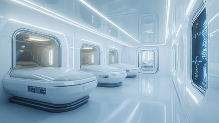 Futuristic science fiction corridor with a lot of people 3D rendering
