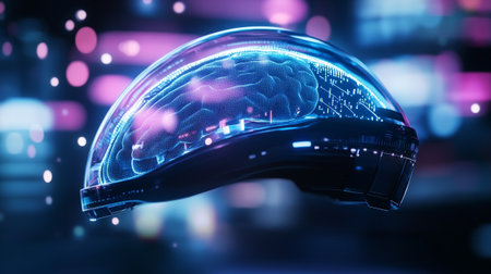 Virtual reality helmet and human brain. Future technology concept. 3D Rendering