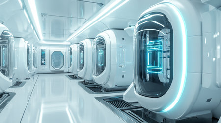 Futuristic interior of the spaceship. 3D rendering. Virtual reality concept