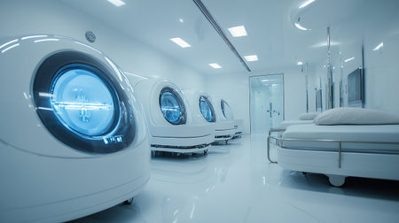 Interior of a hospital corridor with medical equipment. Modern hospital corridor.