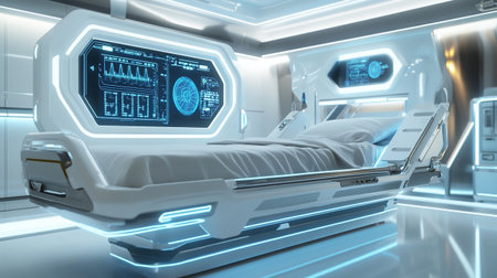 3D rendering of a medical room with a hospital bed and a futuristic interface